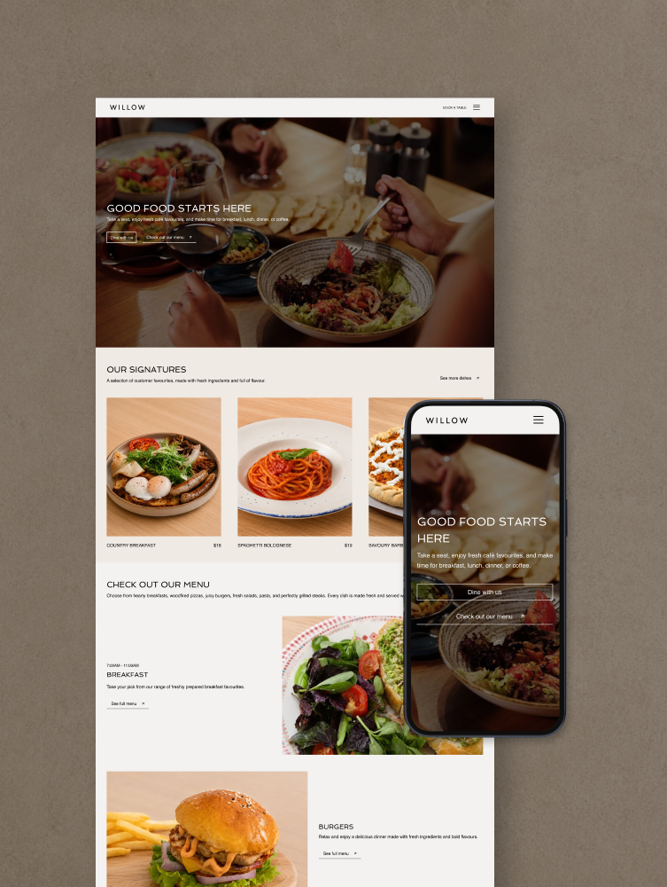 Website layout for Willow, showcasing menu highlights and inviting customers to enjoy meals and dining experiences.