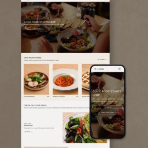 Website layout for Willow showcasing food offerings, including breakfast, pasta, and burgers, with a mobile view.