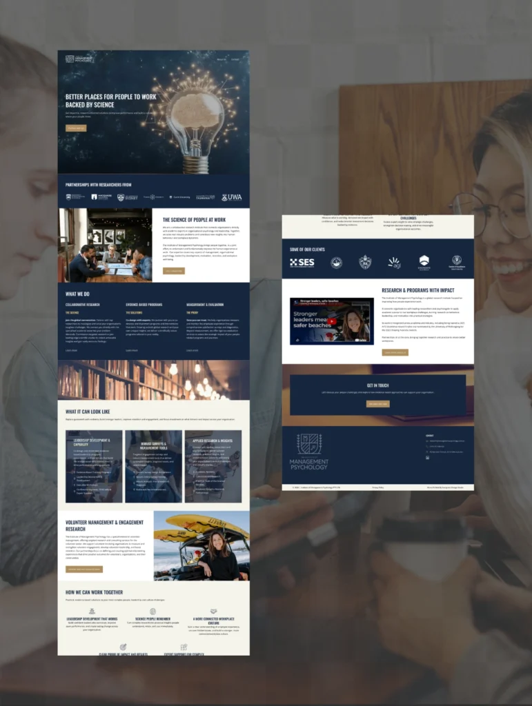 Website layout for the Institute of Management Psychology, highlighting research and programs to improve workplace environments.