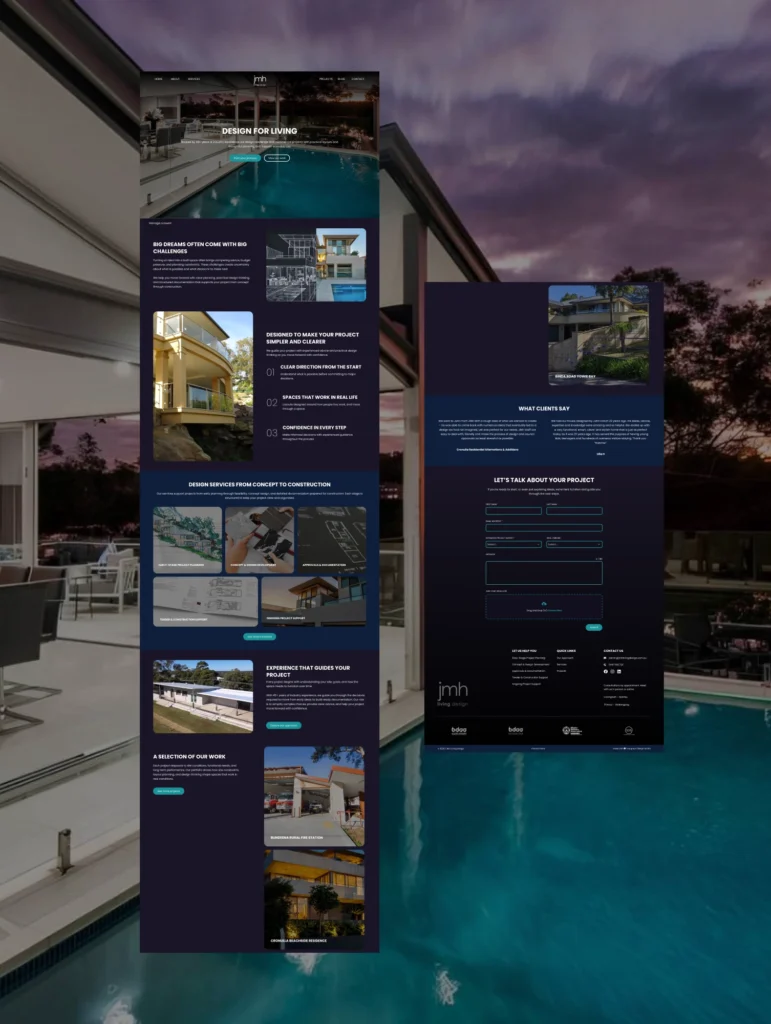 Website layout for JMH Living Design showcasing design services, project examples, and client testimonials.