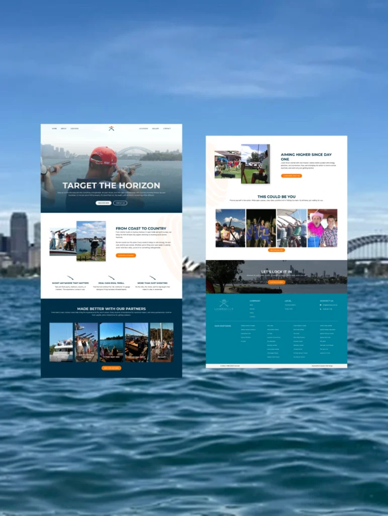 Two website designs showcasing brand and web design services with Sydney's skyline in the background.
