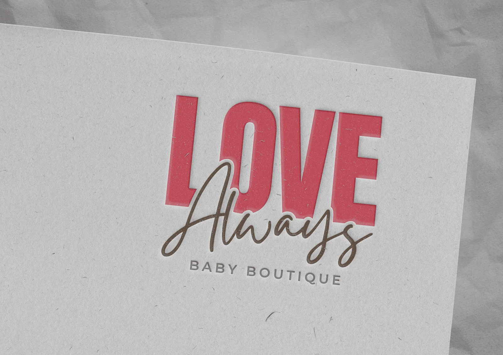 Bold logo for Love Always Baby Boutique featuring playful typography in red and gold on a textured background.
