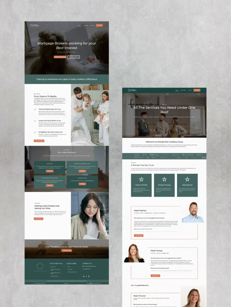 Residential Lending Group website showcasing mortgage services, client testimonials, and team introductions for home financing.