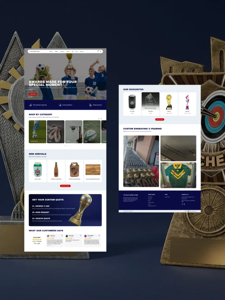 Showcasing a web design for an awards store featuring categories, custom engraving, and customer testimonials.