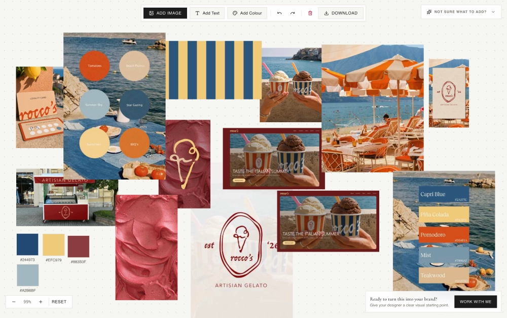 Brand moodboard builder showing a colourful gelato brand moodboard with coastal images, colour palettes, logos and brand inspiration.